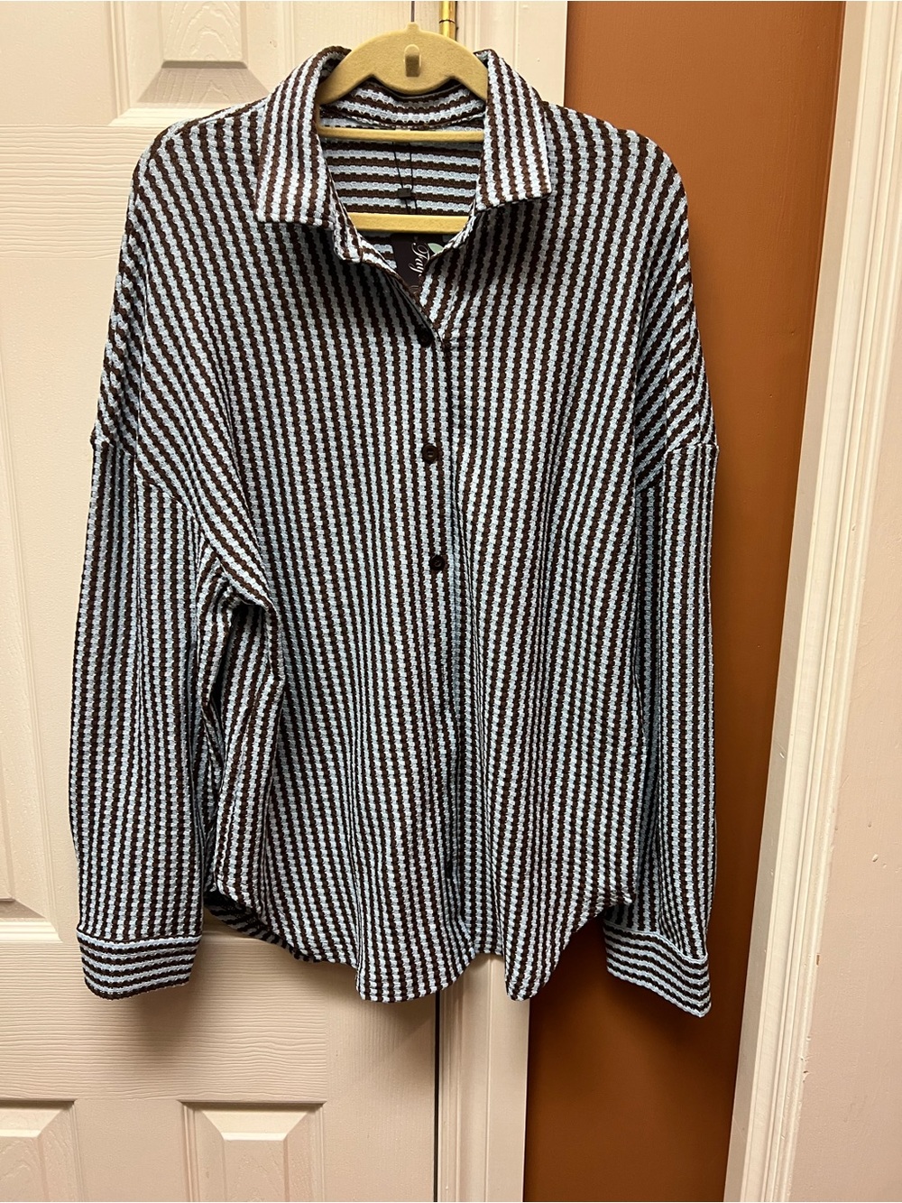 Textured Striped Collared Top in Brown and blue